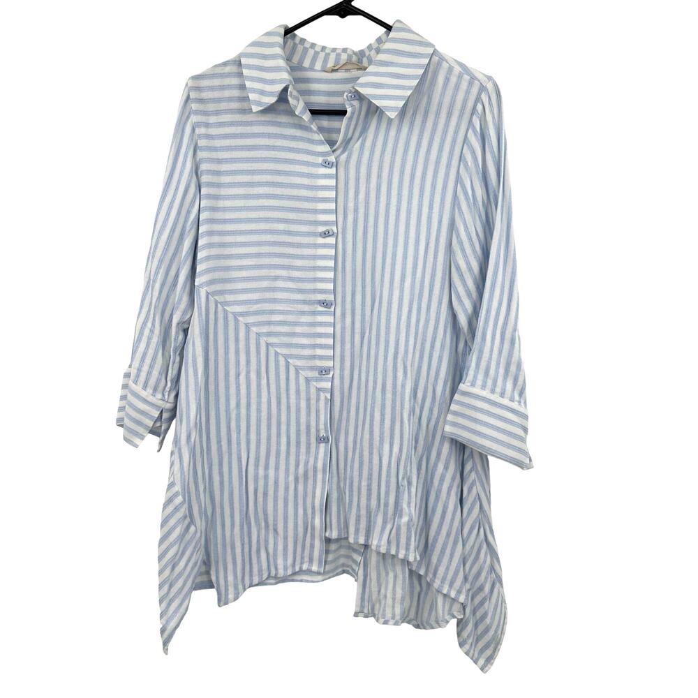 Soft Surroundings Size Small Button Up Blue Striped Shirt Square Buttons Blouse
